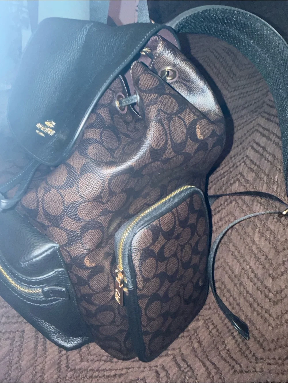 Coach Brown Signature Backpack/Diaper Bag Walnut/Black/Gold with Coach Lanyard